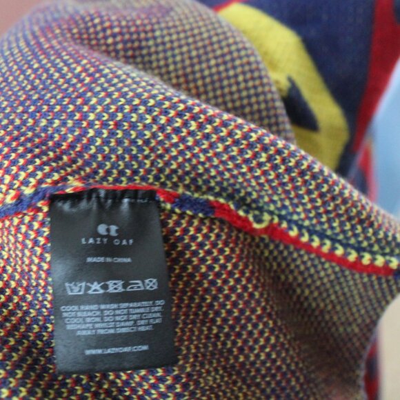 Lazy Oaf Open Front Cardigan Size S/M Red Yellow Blue Letter Design - Picture 6 of 6